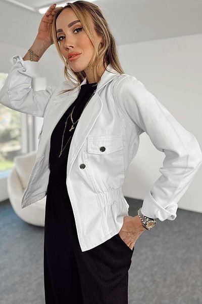 SAGİ JEANS Women's Elastic Waist Mono Collar Biker Jean Jacket