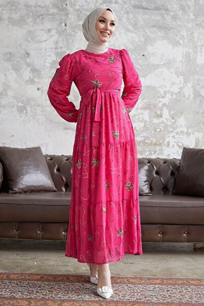InStyle Merlin Floral Embroidered Chiffon Dress - Fuchsia