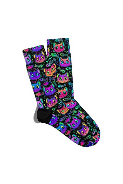 Eğlenceli Çoraplar Fun Socks Unisex Fish And Cat Printed Socks Ecsoket112