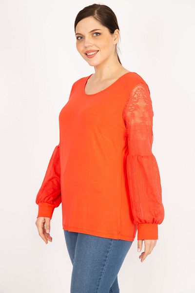 Şans Women's Pomegranate Large Size Sleeves Tulle Lace Detailed Tunic 65n36073