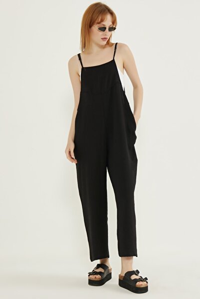 MEECY Жіночий чорний комбінезон з бретельками та широким кроєм