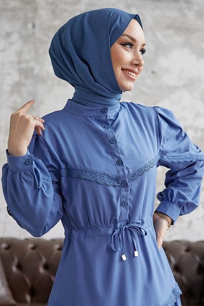 InStyle Guipure Detailed Balloon Sleeve Dress – Indigo