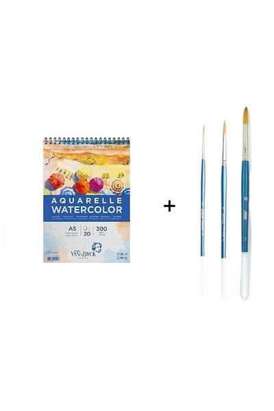 Pebeo Set de pensule pentru acuarelă cu vârf rotund sintetic 111 și caiet Van Dyck A5 300gr