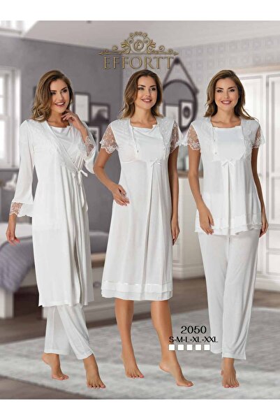 Effortt Kısa Kollu Omzu Dantel Detaylı Sabahlıklı Gecelikli Pijama Takımı