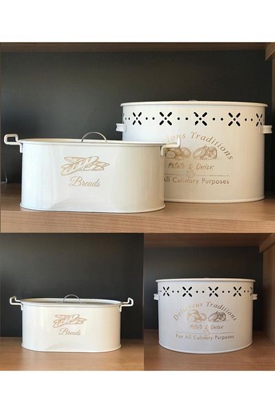 Bayev White Set of 2 Compartments Metal Potato Onion Bowl 6 Lt Large Size Metal Bread Bowl Kitchen Set