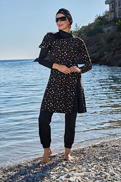 Ruko Maio Women's Long Sleeve Slit Skirt Lycra Black Hijab Swimsuit 2c3t1n03