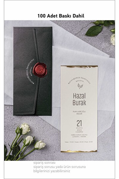 Hsn Siyah Krem Düğün Nişan Davetiyesi Standart Mühürlü 100 Adet