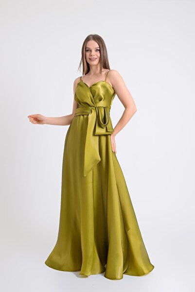 SpringStore Yağ Yeşili Organize Kumaş Beli Fiyonklu Abiye Elbise