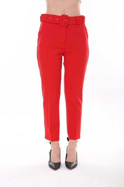 ABARSE Women's Pocketed Belted Tube Leg Atlas Fabric High Waist Fabric Trousers
