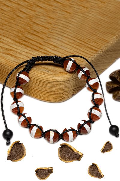 Tesbih Atölyesi Certified Striped Red Tibetan Agate Stone Bracelet