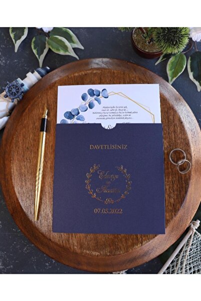 Luna Davetiye Lacivert Zarflı Altın Yaldızlı Düğün, Nikah, Nişan Davetiyesi (...