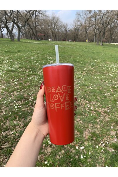 Starbucks ® Kırmızı Renkli "peace-love-coffee" Tasarımlı Soğuk Içecek Bardağı - 473 Ml ·