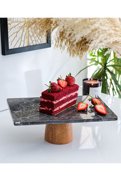 Gemboss Natural Marble Cake Stand, Cake Stand with Wooden Legs, Marble Presentation Rack, Marble Cheese Plate