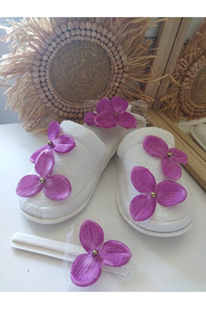 Canbutik Mor Çiçekli Lohusa Terlik Taç Ve Bebek Saç Bandı