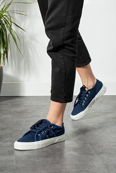 Ayax Ежедневни дамски маратонки с ортопедична стелка от син ленен плат