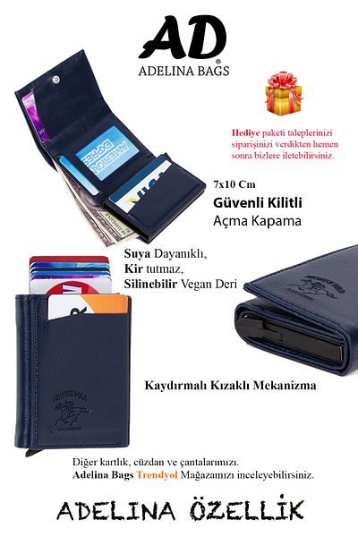 Newish Πορτοφόλι θήκης κάρτας Adelina Unisex Σκούρο Μπλε Δερμάτινο Μηχανισμό Αυτόματης Slide