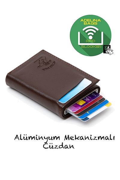 Newish Πορτοφόλι Adelina Unisex Σκούρο Καφέ Δερμάτινο Μηχανισμό Αυτόματης Σλάιντ Θήκη Κάρτας (7CMX10CM)