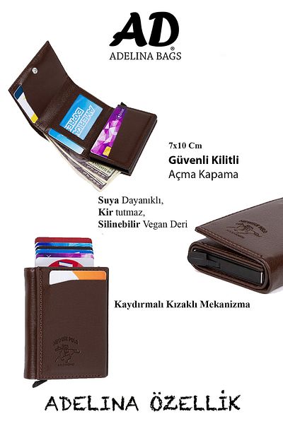 Newish Πορτοφόλι Adelina Unisex Σκούρο Καφέ Δερμάτινο Μηχανισμό Αυτόματης Σλάιντ Θήκη Κάρτας (7CMX10CM)