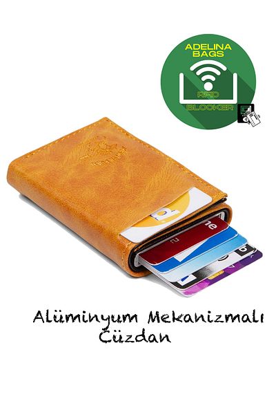 Newish Αξεσουάρ πορτοφολιού θήκης καρτών Adelina Unisex Mustard Mechanism Slide