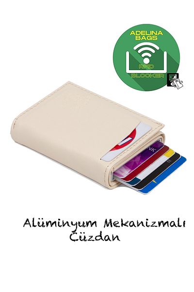 Newish Adelina Unisex Beige Nova Leather Mechanism Automatic Slide Card Holder Wallet (7CMX10CM)