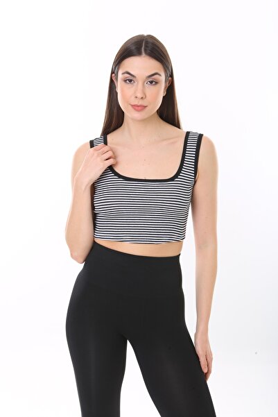 manolyabutik M Γυναικεία πλεκτή μπλούζα με ριγέ λουράκια κοτλέ Crop M