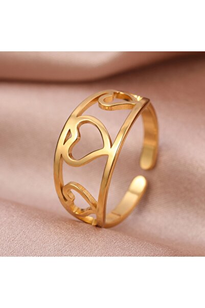 Simurg Aksesuar خاتم قلب من الفولاذ المقاوم للصدأ قابل للتعديل لون ذهبي