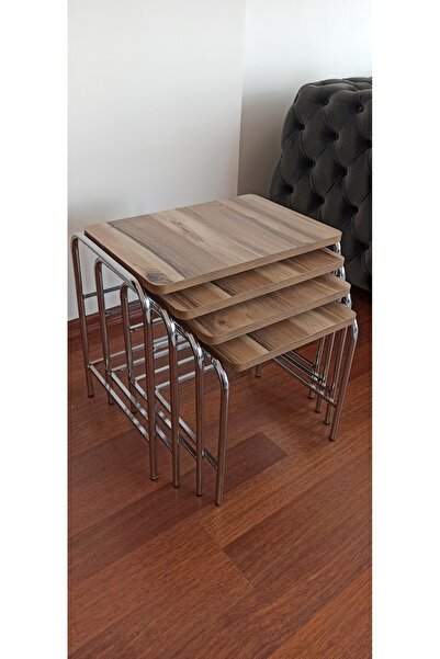 HOMEBELLA 4'lü Zigon Sehpa Metal Krom Nikel Ayaklı Valencia Ceviz Üreticiden