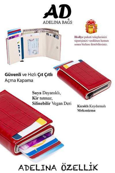 Newish Adelina Red Crocodile Patterned Mechanism Automatic Slide Card Holder Wallet Crocodile Card Holder