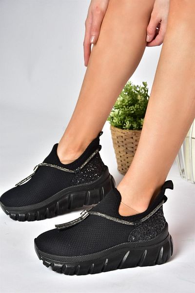 Fox Shoes P602095004 Černá úpletová tkanina třpytky Detailní Dámská sportovní obuv Tenisky