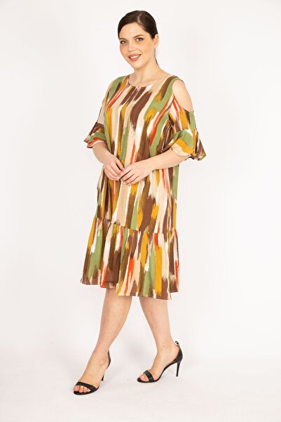 Şans Γυναικείο φόρεμα πλαϊνής τσέπης από ύφασμα βισκόζης 65n36068, γυναικείο χακί πλεονάζον μέγεθος