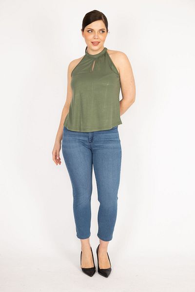 Şans Women's Khaki Plus Size Halter Neck Blouse 65n36091