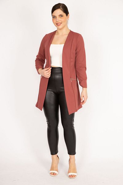 Şans Women's Dried Rose Large Size Ornamental Zipper Pocket Unlined Jacket 65n36071