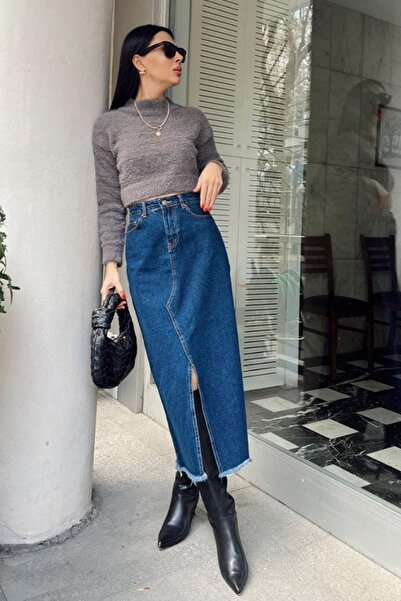 fehika Kadın Koyu Mavi Yıkama Kot Etek Yırtmaçlı Denim Uzun Etek