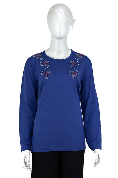 Oppland Bluză de damă cu mânecă lungă, cu paiete brodate, cu gât rotund, slim fit, din lycra, din viscoză, din material pieptănat.