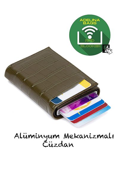 Newish Adelina Khaki Crocodile Pattern Μηχανισμός Αυτόματη θήκη κάρτας με έλκηθρο Πορτοφόλι Θήκη για κάρτες κροκόδειλου