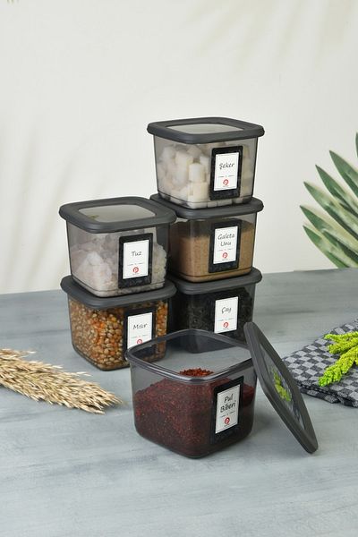 Pazarika 6 Pieces 0.5 Lt Water Resistant Labeled, Unbreakable Square Food, Spice Storage Container Anthracite