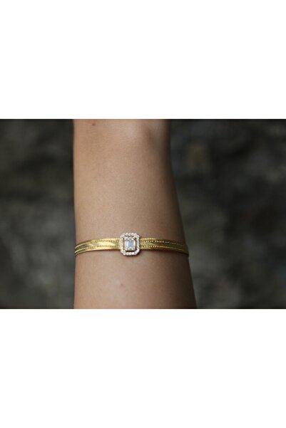 Altuntaş Gold&Silver Baget Taşlı Altın Kaplama Trabzon Hasır Bilezik- 3 Sıra ...