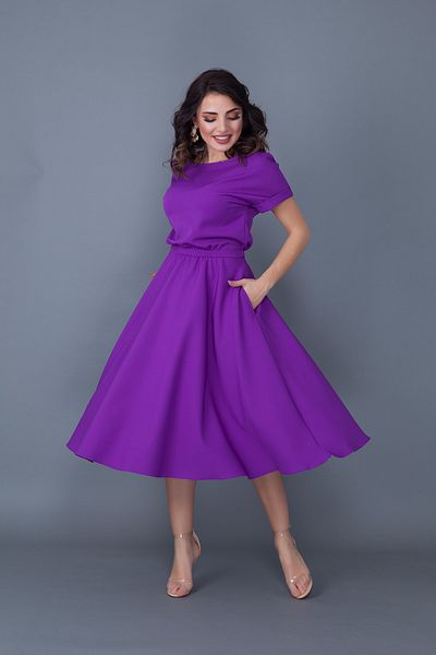 Bidoluelbise Rochie de damă mov cu talie elastică, cu mânecă liliac, lungime midi
