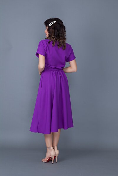 Bidoluelbise Kadın Mor Beli Lastikli Cepli Yarasa Kol Midi Boy Elbise