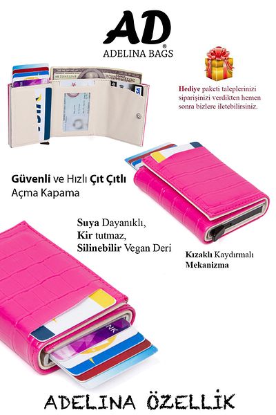 Newish Adelina Crocodile Pattern Fuchsia Μηχανισμός Αυτόματη θήκη κάρτας με έλκηθρο Πορτοφόλι Crocodile Card Holder