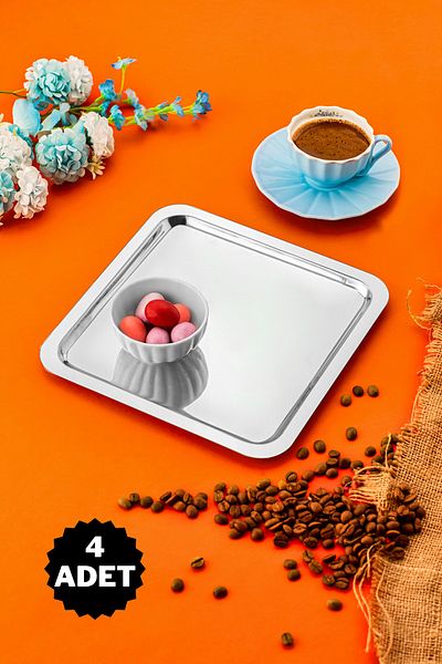 ÖzSa Home Set of 4 Luxury Square Stainless Steel Coffee Tea Catering and Presentation Tray Silver Color 21x21cm