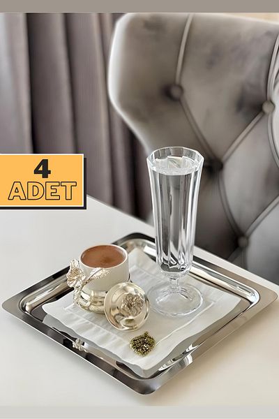 ÖzSa Home Set of 4 Luxury Square Stainless Steel Coffee Tea Catering and Presentation Tray Silver Color 21x21cm