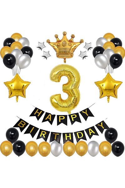 Patladı Gitti Large Size King Crowned Gold-silver-black 3 Year Old Birthday Set