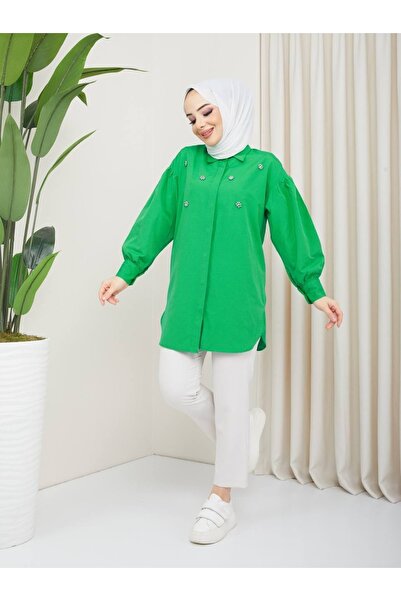 Lebaco بطانة مخفية، بروش زهرة مطرز بالأحجار، تفاصيل كم بالون، قالب مريح، قميص...