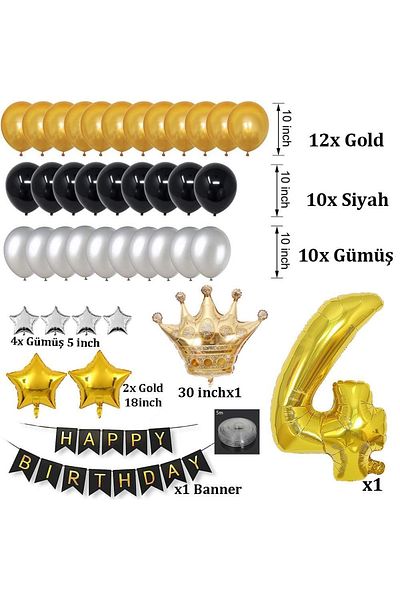 Patladı Gitti Large Size King Crowned Gold-silver-black 4 Year Old Birthday Set