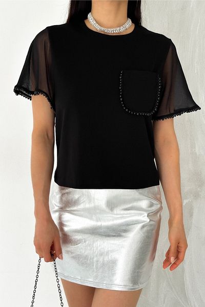 FEMELLE Tricou de damă din bumbac cu mâneci negre și perle brodate