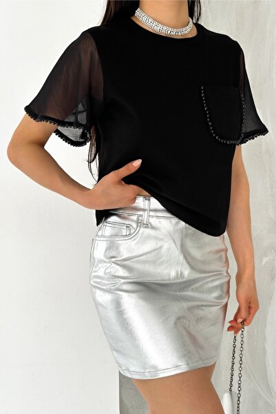FEMELLE Γυναικείο T-Shirt με μαύρα μανίκια σιφόν πέρλες κεντημένο βαμβακερό