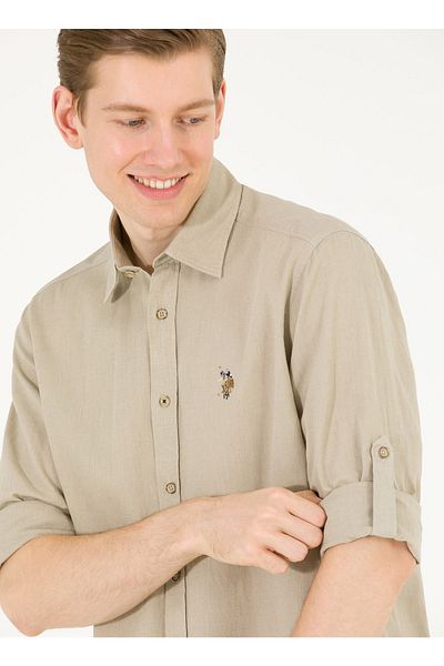 U.S. Polo Assn. Ανδρικό πουκάμισο χακί - Comfort Fit, γιακά με κουμπιά, Enzo23y