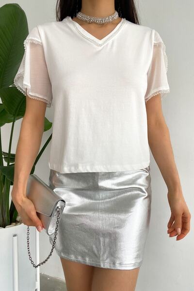 FEMELLE Women's White V-Neck T-Shirt with Embroidered Chiffon Sleeve Detail on Collar and Sleeves