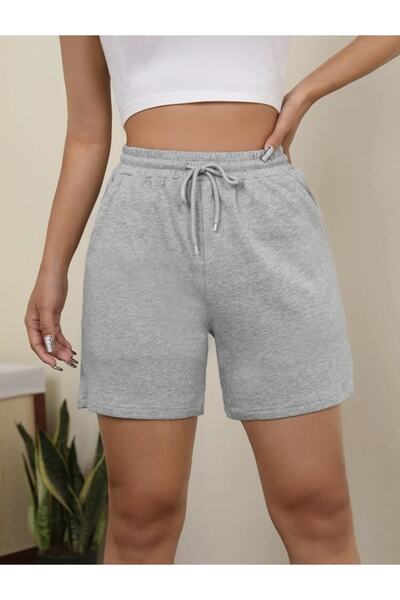 BYMEER Kadın Gri Düz Baskısız Yandan Cepli Beli Lastikli Şort